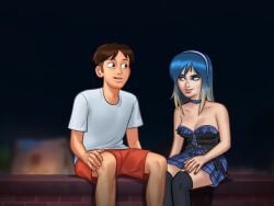 1girls 2d blue_hair blurry blurry_background breasts brown_hair cleavage clothed clothing darkcookie digital_drawing_(artwork) digital_media_(artwork) dress duo eve_(summertime_saga) female light-skinned_female light-skinned_male light_skin looking_at_another looking_at_partner main_character_(summertime_saga) male male/female night_sky pale-skinned_female pale_skin party roof rooftop shorts sitting skirt small_breasts smile smiling summertime_saga two_tone_hair