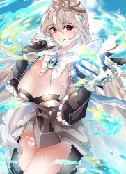 1girls alternate_costume bare_thighs cleavage corrin_(female)_(fire_emblem) corrin_(female)_(silent_bloodline)_(fire_emblem) corrin_(fire_emblem) female female_only fire_emblem fire_emblem_fates fire_emblem_heroes gloves grey_hair grin inner_thighs long_hair looking_at_viewer nintendo official_alternate_costume pointy_ears red_eyes shikohatsu smile stone thick_thighs thighhighs thighs very_long_hair weapon