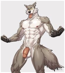 absurd_res amon-sydonai anthro big_penis canid canine canis epic_games flaccid fortnite genitals glistening glistening_body hi_res male mammal manly muscular muscular_male penis solo tongue tongue_out wendell_(fortnite) wolf