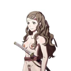 1girls bare_shoulders breasts brown_eyes brown_hair collarbone completely_nude edit female female_only female_pubic_hair fire_emblem fire_emblem_fates hana_(fire_emblem) headband long_hair nintendo nipples nude nude_female nude_filter pubic_hair pussy samuraijam34 shoulders small_breasts smile solo sword transparent_background upper_body weapon