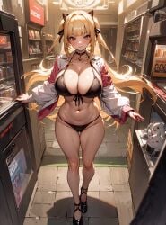 1girls 2023 ai_generated anime_nose bare_legs bare_midriff bikini blonde_hair choker cleavage clothed_female convenience_store female_focus female_only gold_eyes huge_breasts jacket_open long_hair looking_at_viewer navel seductive_look stable_diffusion store voluptuous voluptuous_female yellow_eyes