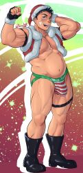 1boy 2021 bara barazoku blush bulge christmas dom_(grelx) gay grelx hi_res highres jockstrap male male_focus male_nipples male_only manly muscular_male nipples solo solo_male twitter_user_oc yaoi