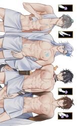 4boys abs alhaitham_(genshin_impact) belly_button dragon_scales genshin_impact happy_trail knot male_only multiple_boys muscles muscular muscular_male mushroom neuvillette_(genshin_impact) penis_comparison pnk_crow pubes pubic_hair shirtless towel_only wet_body wriothesley_(genshin_impact) zhongli_(genshin_impact)