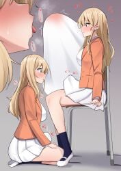 2futas big_breasts big_penis blonde_hair blowjob blush boner boner_in_pants breasts clone clothed clothing cum cum_in_panties cum_in_pants duo erection erection_under_clothes erection_under_skirt fellatio fully_clothed futa_on_futa futa_only futanari high_school human kneeling licking licking_penis light-skinned_futanari light_skin long_hair penis premature_ejaculation school school_uniform schoolgirl selfcest shiratori_serano side_view sitting sitting_on_chair skirt tenting