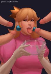 1girls 4boys blonde_hair blowbang bowl breasts bukkake clothing dress erection female female_focus funeralwind glass gloves holding_bowl long_hair male mario_(series) multiple_boys multiple_penises open_mouth partial_male penis princess_peach simple_background tongue tongue_out