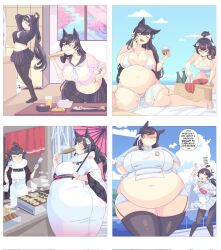 2022 2girls absolute_territory alternate_costume apron atago_(azur_lane) atago_(features_of_winter)_(azur_lane) atago_(school_traumerei)_(azur_lane) atago_(summer_march)_(azur_lane) azur_lane bbw beach belly_expansion bikini black_hair breast_expansion color comic dog_ears dog_girl eating english_text fat fat_ass female female_only food full_body_inflation garter_straps hip_expansion huge_belly huge_breasts kimono long_hair midriff pantyhose patreon_username picnic_basket ponytail school_uniform sequence sisters softservice takao_(azur_lane) takao_(beach_rhapsody)_(azur_lane) takao_(school_romanza)_(azur_lane) talking_to_viewer thick_thighs thighhighs weight_gain wide_hips wine yellow_eyes