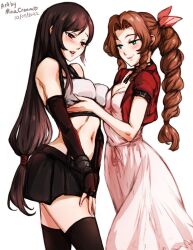 2022 2girls aerith_gainsborough artist_name bare_shoulders black_gloves black_hair black_skirt black_sports_bra black_thighhighs blush braid braided_ponytail breasts brown_hair choker cleavage cowboy_shot crop_top cropped_jacket dated dress elbow_gloves final_fantasy final_fantasy_vii final_fantasy_vii_remake fingerless_gloves gloves grabbing grabbing_another's_breast green_eyes hair_ribbon highres jacket large_breasts long_dress long_hair looking_at_another low-tied_long_hair medium_breasts midriff mina_cream minacream multiple_girls navel parted_bangs parted_lips pink_dress pink_ribbon red_eyes red_jacket ribbon ribbon_choker shirt short_sleeves sidelocks skirt sleeveless sleeveless_shirt smile sports_bra standing thighhighs tifa_lockhart underwear white_background white_shirt yuri zettai_ryouiki