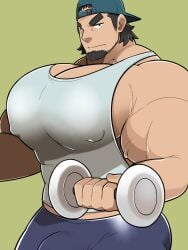 1boy backwards_baseball_cap bara bara_tiddies bara_tits beard big_chest big_pecs black_hair dumbbell facial_hair gay gigantic_chest gigantic_pecs huge_chest huge_pecs large_pectorals lifting_weights looking_at_viewer male male_only man_boobs man_breasts massive_chest massive_pecs moobs nipples_visible_through_clothing pecs solo solo_male takezamurai weight_lifting