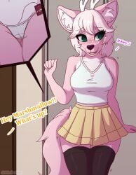 anthro antlers artmarshmallow blush bottomwear canid canine clothing cutout deer egg_vibrator female fox freckles fur hi_res horn hybrid legwear mammal marshmallow_fluff_(character) nervous panties pink_body pink_fur public sex_toy shirt skirt solo stockings text topwear underwear vibrator