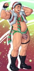 1boy 2021 bara barazoku blush bulge christmas dom_(grelx) gay grelx hi_res highres jockstrap male male_focus male_nipples male_only manly muscular_male nipples solo solo_male twitter_user_oc yaoi