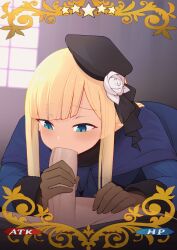 1boy animated aqua_eyes blonde_hair blowjob blue_cardigan blue_eyes blush brown_gloves card_parody cardigan craft cum cum_in_mouth cum_inside duo ejaculation essence eyebrows_visible_through_hair fate/grand_order fate_(series) fellatio female flower focus gloves hand_on_another's_penis hat hat_flower licking licking_penis long_hair long_sleeves looking_at_penis lord_el-melloi_ii_case_files oral pants_down penis reines_el-melloi_archisorte sex smile solo_focus straight uncensored waero