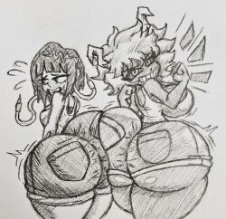 2girls ass_press ass_to_ass big_ass big_breasts booty_shorts bubble_butt confident dezterity fat_ass female_focus female_only horns huge_ass kyoka_jiro mina_ashido monochrome my_hero_academia nervous shorts sketch small_breasts smile superheroine tank_top thick_thighs traditional_media_(artwork) wide_hips