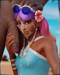 1boy 1girls 2023 3d after_fellatio big_penis blurry_background braids breezabelle_(fortnite) brown_eyes clothed_female_nude_male cum cum_on_breasts cum_on_face dark-skinned_female dark-skinned_male facial flower_in_hair fortnite fortnite:_battle_royale gradient_hair hand_on_head holding_penis jtopau kneeling male/female orange_hair pink_hair purple_hair rainbow_hair smiling straight sunglasses sunglasses_on_head tagme tank_top