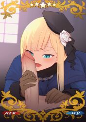 1boy animated animated aqua_eyes blonde_hair blue_cardigan blue_eyes blush brown_gloves card_parody cardigan craft essence eyebrows_visible_through_hair fate/grand_order fate_(series) female flower focus gloves hand_on_another's_penis hat hat_flower licking licking_penis long_hair long_sleeves looking_at_penis lord_el-melloi_ii_case_files oral pants_down penis reines_el-melloi_archisorte smile solo straight uncensored waero