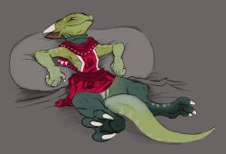 bed claws clothed clothing digitigrade dress female flamespitter furniture genitals green_body green_scales horn kobold looking_at_viewer multicolored_body no_underwear on_bed pillow purple_eyes pussy scales scarf shawl simple_background tail tail_between_legs two_tone_body viuru