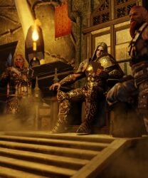 3boys armor barbarian chaos_(warhammer) male_only reading sigvald_the_magnificent sitting soboro throne warhammer_(franchise) warhammer_fantasy