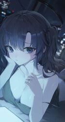 blue_archive blush cityscape dark_room dim_lighting gnns huge_breasts looking_aside looking_at_viewer loungewear lying lying_on_bed lying_on_stomach millennium_science_school_student seminar_(blue_archive) tagme_(artist) yuuka_(blue_archive)