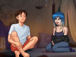 1boy 1girls 2d blue_eyes blue_hair bottomwear brown_hair clothed clothing darkcookie digital_drawing_(artwork) digital_media_(artwork) duo eve_(summertime_saga) female hood hood_down hooded_jacket horny horny_male jeans light-skinned_female light-skinned_male light_skin looking_at_partner main_character_(summertime_saga) male male/female nipples nipples_visible_through_clothing pants shirt shorts sitting smile smiling summertime_saga tank_top teenage_girl teenager tent topwear two_tone_hair undressing