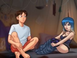 1boy 1girls 2d blue_eyes blue_hair blue_panties bottomwear brown_hair clothed clothing darkcookie digital_drawing_(artwork) digital_media_(artwork) duo eve_(summertime_saga) female jeans legwear light-skinned_female light-skinned_male light_skin looking_at_partner main_character_(summertime_saga) male male/female nipples nipples_visible_through_clothing panties pants pants_down shirt shorts sitting striped_legwear summertime_saga surprised surprised_expression tank_top teenage_girl teenager tent thighhighs topwear two_tone_hair underwear undressing