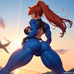 1girls ai_generated behind_view big_ass big_breasts bodysuit cameltoe female hi_res looking_at_viewer muscular muscular_female red_hair stretched tagme thick_thighs