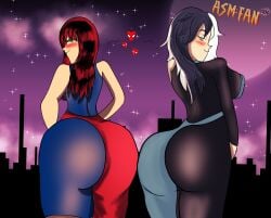 2girls agents_of_atlas asmfan94 big_ass big_breasts big_butt black_hair blue_eyes daphne_dress dress female female_only fully_clothed heart heterochromia long_hair luna_snow marvel marvel_comics marvel_future_fight mary_jane_watson moon night purple_sky red_hair see-through seol_hee spider-man_(series) tagme teasing tights twitter_username two_tone_hair white_hair