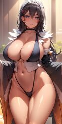 ai_generated bikini black_hair blue_eyes blush busty choker curvy detached_sleeves iroha long_hair maid maid_headdress revealing_clothes samurai_shodown smile