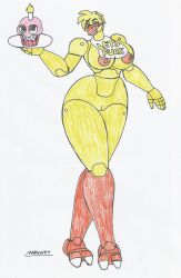 animatronic animatronic_female animatronic_girl anthro articulated_hooves big_breasts big_hips cake chica_(fnaf) chicken chicken_girl classic_chica_(fnaf) female_only five_nights_at_freddy's fnaf furry marlon64 naked_apron naked_female orange_nipples pink_eyes smile traditional_drawing_(artwork) white_background yellow_body yellow_fur yellow_hair