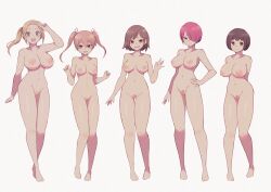 5girls :d arms_behind_back barefoot blonde_hair breasts brown_eyes brown_hair closed_mouth completely_nude female_pubic_hair full_body green_eyes hair_over_one_eye hand_on_own_hip highres lamb-oic029 large_breasts long_hair looking_at_viewer multiple_girls nude open_mouth original ponytail pubic_hair red_hair short_hair smile standing thigh_gap twintails