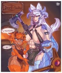 1boy 1futa animal_ears apron balls big_breasts blacksmith blue_scales body_fur bottom_heavy bottomless breasts bulge clothed clothing dark-skinned_femboy dark-skinned_male dialogue dragon_girl duo femboy femboy_on_futa futa_on_male futanari horns huge_ass huge_breasts huge_cock humanoid larger_futanari light-skinned_futanari low_the_artist male monster_boy monster_girl mostly_nude orange_fur scalie sharp_teeth shortstack size_difference smaller_male source_request standing tail text thick_thighs underwear weapon wide_hips