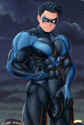 1boy 2020 balls bara barazoku batman_(series) blush clothing dc dc_comics dick_grayson gay grelx hi_res highres looking_at_viewer male male_focus male_only manly masked muscular_male nightwing penis solo solo_male tight_clothing yaoi