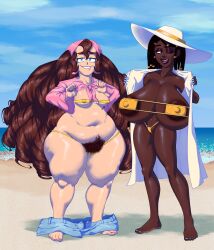 2girls bandana barefoot beach biting_lip bra braided_hair breasts brown_eyes brown_hair brown_nipples chubby_female dark-skinned_female excessive_pubic_hair female green_eyes hairy_pussy hat huge_areolae huge_breasts lamarkey licking_lips long_hair multiple_girls nipples_visible_through_clothing original_characters painted_toenails sea shorts shorts_down sky small_breasts sunhat thick_thighs thong top_heavy wide_hips