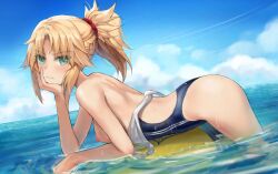 1girls blonde_hair blush breasts fate/grand_order fate_(series) green_eyes mordred_(fate) pout sea solo solo_female solo_focus summer swimsuit tonee