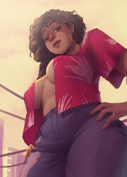 big_breasts brown_eyes coolerinker dark-skinned_female dark_skin inker_comics inkershike large_breasts looking_at_viewer marvel milf no_bra open_clothes open_shirt rio_morales rio_morales_(spider-verse) spider-man:_across_the_spider-verse spider-man:_into_the_spider-verse