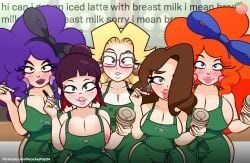 2021 5girls barista big_breasts blonde_hair blue_eyes breasts brown_eyes brown_hair cherri_(peachypop34) chilli_(peachypop34) coffee coffee_cup dark_jess_(peachypop34) iced_latte_with_breast_milk jess_(peachypop34) miss_bigbun_(peachypop34) multiple_girls nipples_exposed peachypop34 purple_hair red_hair squished_breasts tagme thick_thighs