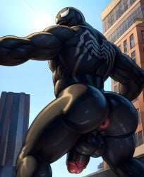 1boy ai_generated anus ass back_view balls big_sub black_penis erection fangs from_behind_position gay hi_res humanoid inviting looking_at_viewer looking_back male male_only marvel marvel_comics notagaylizard nude penis presenting presenting_ass pussy solo solo_focus symbiote venom venom_(marvel)