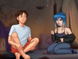 1boy 1girls 2d blue_eyes blue_hair bottomwear brown_hair clothed clothing darkcookie digital_drawing_(artwork) digital_media_(artwork) duo eve_(summertime_saga) female hood hood_down hooded_jacket horny horny_male jeans light-skinned_female light-skinned_male light_skin looking_at_partner main_character_(summertime_saga) male male/female nipples nipples_visible_through_clothing pants shirt shorts sitting smile smiling summertime_saga tank_top teenage_girl teenager tent topwear two_tone_hair undressing
