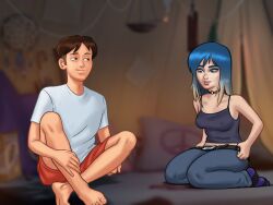 1boy 1girls 2d blue_eyes blue_hair bottomwear brown_hair clothed clothing darkcookie digital_drawing_(artwork) digital_media_(artwork) duo eve_(summertime_saga) female horny horny_male jeans light-skinned_female light-skinned_male light_skin looking_at_partner main_character_(summertime_saga) male male/female nipples nipples_visible_through_clothing pants shirt shorts sitting smile smiling summertime_saga tank_top teenage_girl teenager tent topwear two_tone_hair undressing