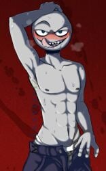 1boy abs blue_eyes blush grey_skin long looking_at_viewer muscles muscular_male no_hair no_visible_genitalia non-human pecs peter_(your_boyfriend) stickman sweat tall_male tongue_out toony your_boyfriend_(game)
