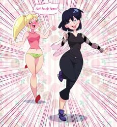 black_hair blonde_female blonde_hair chasing english_text euf green_panties heavy_blush lolilolalove oot94 stolen_clothes text