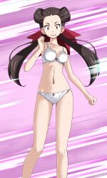 1girls bow_bra bow_panties bra breasts brown_hair clothing female hairbow long_hair looking_at_viewer matching_underwear medium_breasts motion_lines navel open_mouth panties pink_background pokemon red_eyes roxanne_(pokemon) scared sweat tsukishiro_saika twintails underwear white_bra white_panties wide_eyed