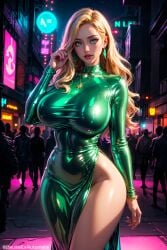 ai_generated big_breasts blonde_hair deussexautomata dress female green_eyes ski skin_tight voluptuous voluptuous_female