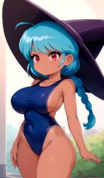 ai_generated armpits blue_hair dark-skinned_female dark_skin high_guardian_spice large_breasts losforry_custom one-piece_swimsuit red_eyes sage_(high_guardian_spice) sideboob thick_thighs wide_hips witch_hat