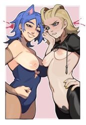 2girls aqua_(kingdom_hearts) aqua_hair blonde_hair blue_eyes blue_hair breast_grab breasts_size_difference female female_only kingdom_hearts larxene multiple_girls naked naked_female nipples nobody_(kingdom_hearts) nude nude_female porqueloin vagina