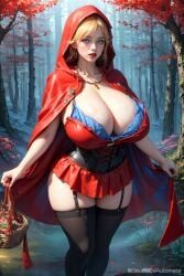 1girls 2023 ai_generated ai_hands big_breasts bimbo blonde_hair breasts_bigger_than_head cleavage clothed_female deussexautomata female little_red_riding_hood little_red_riding_hood_(copyright) red_riding_hood tagme voluptuous voluptuous_female