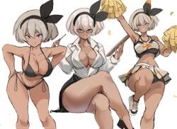 1girls bea_(pokemon) bikini blue_eyes breasts brown_skin cheerleader cheerleader_uniform dark-skinned_female dark_skin female grey_hair huge_breasts multiple_outfits nintendo office_lady pokemon pokemon_ss rakeemspoon short_hair simple_background smile thighs