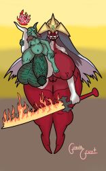 2d arena big_ass big_balls big_breasts big_penis chubby elemental_hero_burstinatrix fire goblin goblin_male green_skin grey_hair grin guavagrunt helmet huge_ass huge_balls huge_breasts inverted_nipples larger_female lipstick moustache on_shoulders simple_background small_dom_big_sub smaller_male sword thigh_boots veiny_penis weapon white_skin yu-gi-oh!