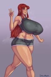 1girls alien alien_girl big_breasts blush blushing_at_viewer breasts dc dc_comics dekumerk green_eyes huge_breasts long_hair long_hair_female looking_at_viewer orange_skin peace_sign red_hair shirt shorts sports_bra sports_shorts starfire sweat sweating teen_titans thick_thighs thighhighs thighs