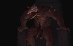 absurd_res anthro babanasaur bone bottomwear chair clothing demon displaced_clothing furniture genitals hi_res loincloth male male_only monster muscular muscular_anthro muscular_male penis skull skull_head throne