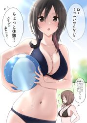 2girls :o ball bare_arms bare_shoulders beachball black_hair breasts brown_eyes brown_hair cleavage collarbone comic flying_sweatdrops highres ikari_manatsu kamihira_mao large_breasts long_hair looking_at_viewer multicolored_hair multiple_girls navel open_mouth original outdoors red_hair satsuki_fumi short_hair sparkle speech_bubble standing stomach streaked_hair thought_bubble translated two_side_up upper_body wet