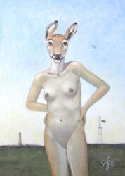 acrylic_painting_(artwork) andibi anthro areola black_nose breasts collarbone deer featureless_crotch female fur hands_on_hips hi_res mammal maya_(andibi) moon navel nipples nude outside painting_(artwork) pinup pose sky smile solo standing tan_body tan_fur tasteful traditional_media_(artwork) white_body white_fur windmill